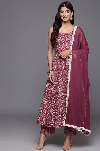 Floral Printed Pure Cotton Anarkali Kurta with Trousers & Dupatta