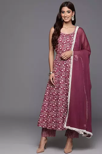 Floral Printed Pure Cotton Anarkali Kurta with Trousers & Dupatta