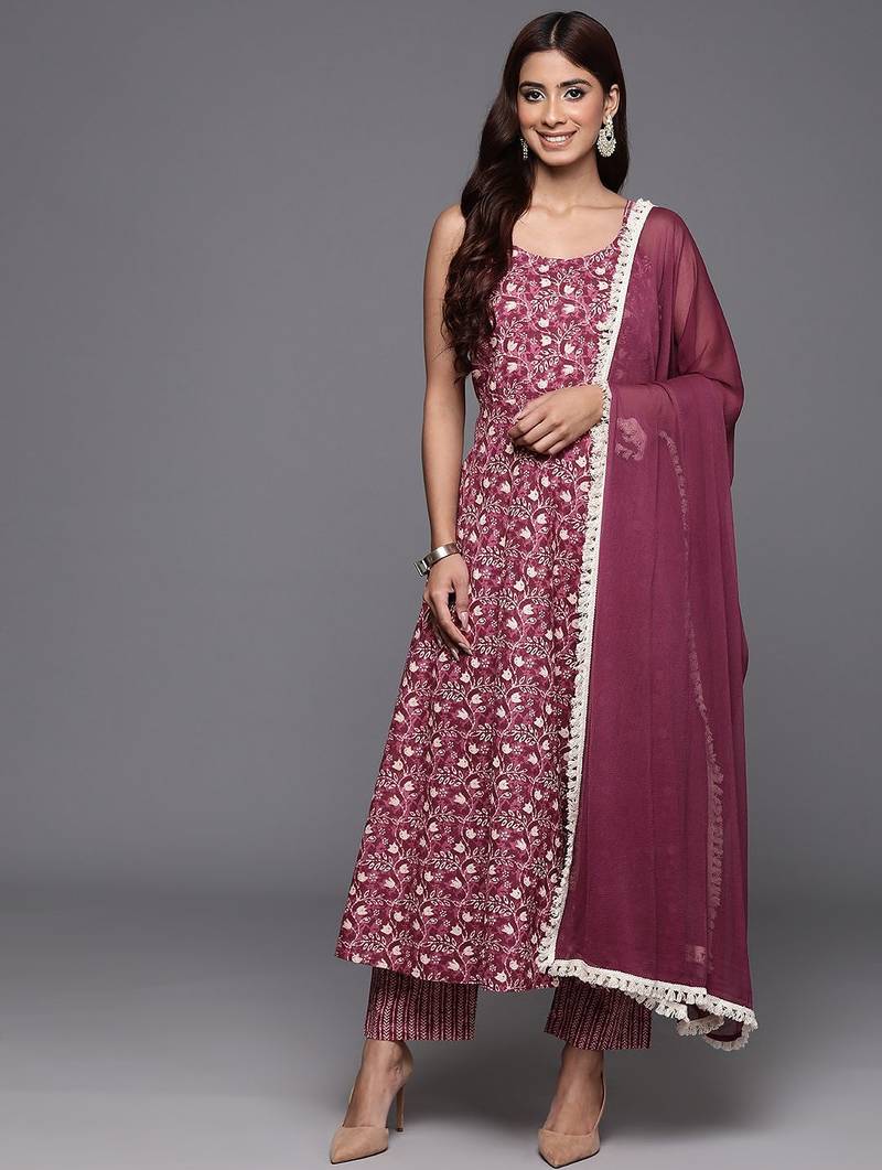 Floral Printed Pure Cotton Anarkali Kurta with Trousers & Dupatta