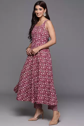Floral Printed Pure Cotton Anarkali Kurta with Trousers & Dupatta
