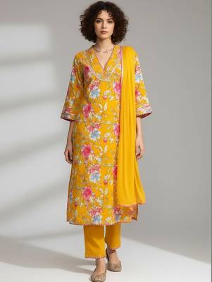 Women Ethnic Motifs Printed Regular Beads and Stones Kurta with Trousers & With Dupatta 1