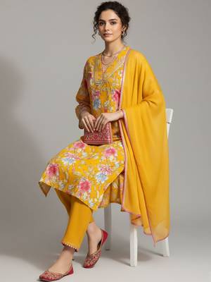 Women Ethnic Motifs Printed Regular Beads and Stones Kurta with Trousers & With Dupatta 3
