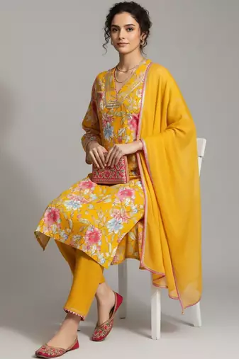 Women Ethnic Motifs Printed Regular Beads and Stones Kurta with Trousers & With Dupatta