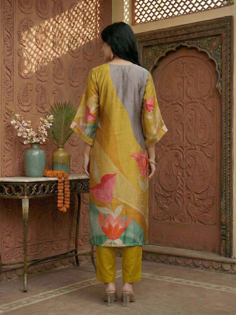 Women Printed Regular Gotta Patti Chanderi Silk Kurta with Trousers