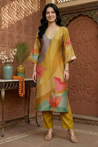 Women Printed Regular Gotta Patti Chanderi Silk Kurta with Trousers