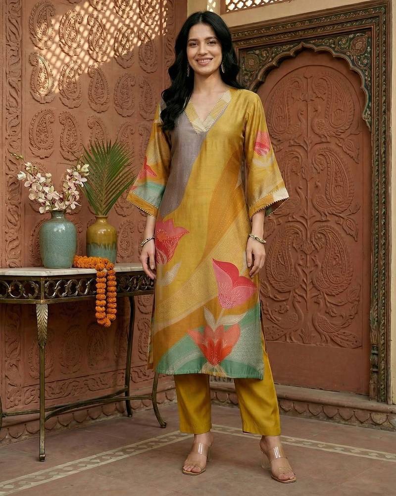 Women Printed Regular Gotta Patti Chanderi Silk Kurta with Trousers