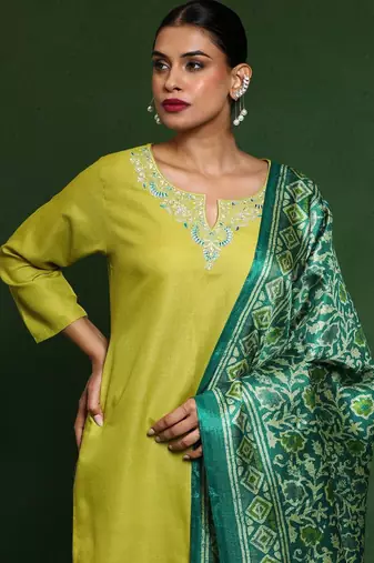 Floral Embroidered Notch Neck Straight Kurta With Trousers And Dupatta