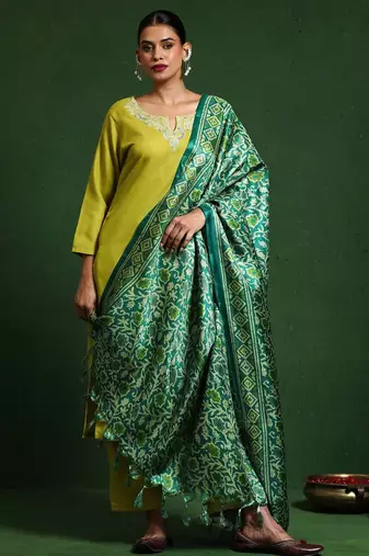 Floral Embroidered Notch Neck Straight Kurta With Trousers And Dupatta