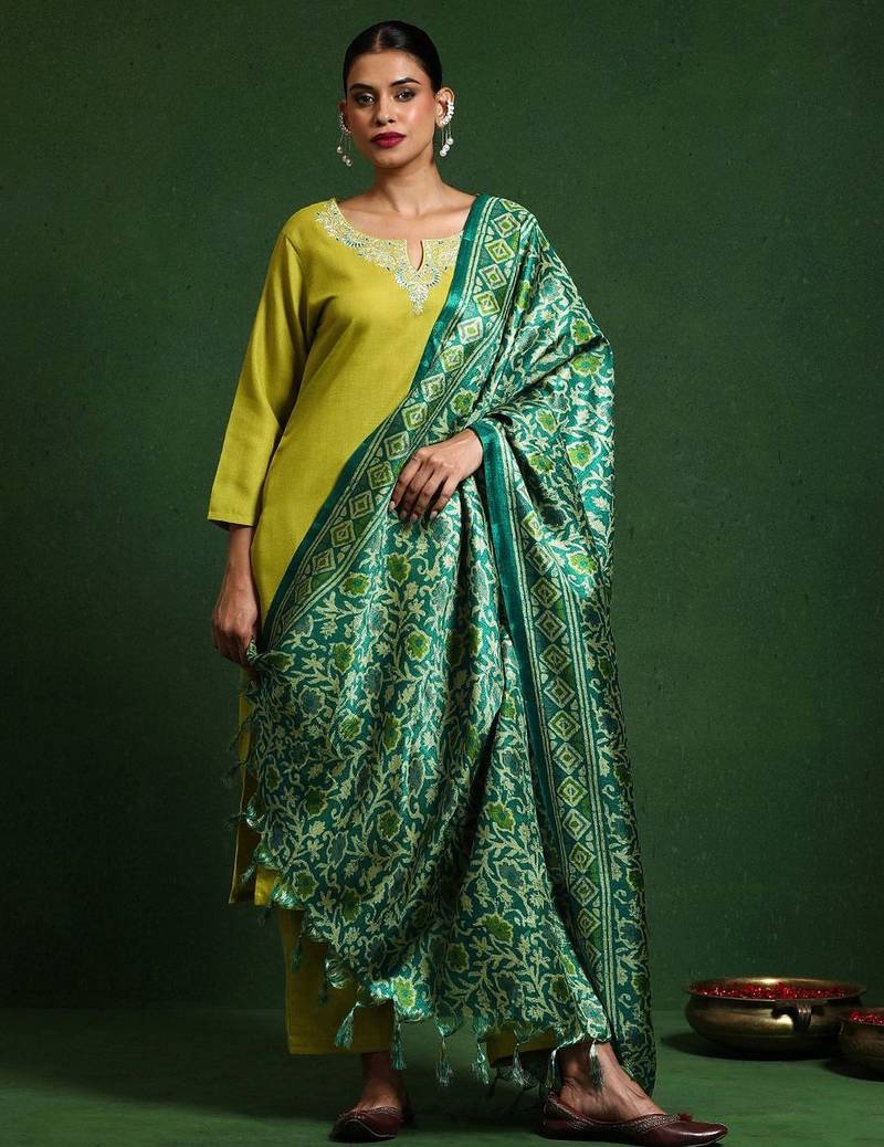 Floral Embroidered Notch Neck Straight Kurta With Trousers And Dupatta