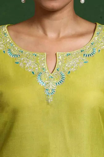 Floral Embroidered Notch Neck Straight Kurta With Trousers And Dupatta