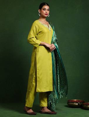 Floral Embroidered Notch Neck Straight Kurta With Trousers And Dupatta 4