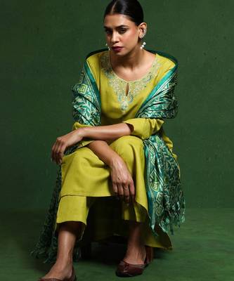 Floral Embroidered Notch Neck Straight Kurta With Trousers And Dupatta 6