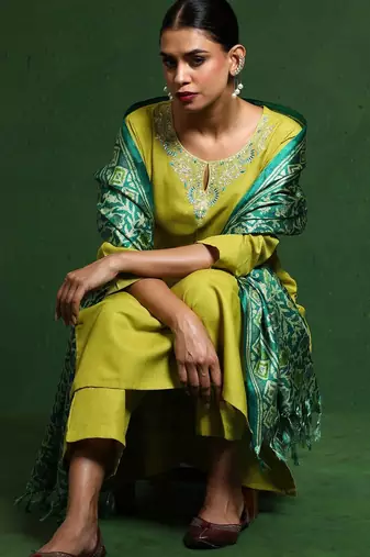 Floral Embroidered Notch Neck Straight Kurta With Trousers And Dupatta