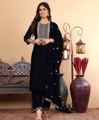 Navy Blue Floral Yoke Design Sequinned Velvet Kurta with Trousers & Dupatta 1