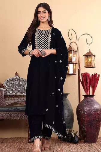 Navy Blue Floral Yoke Design Sequinned Velvet Kurta with Trousers & Dupatta