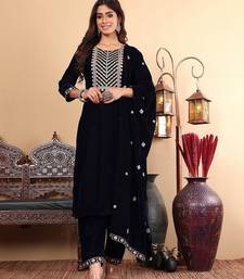 Navy Blue Floral Yoke Design Sequinned Velvet Kurta with Trousers & Dupatta