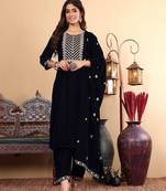 Navy Blue Floral Yoke Design Sequinned Velvet Kurta with Trousers & Dupatta
