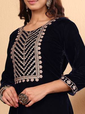 Navy Blue Floral Yoke Design Sequinned Velvet Kurta with Trousers & Dupatta 2
