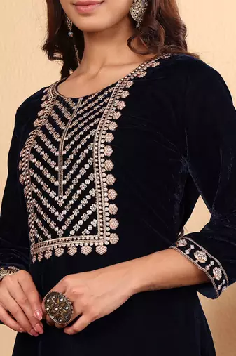Navy Blue Floral Yoke Design Sequinned Velvet Kurta with Trousers & Dupatta