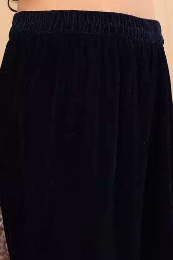 Navy Blue Floral Yoke Design Sequinned Velvet Kurta with Trousers & Dupatta