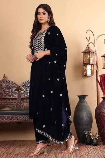 Navy Blue Floral Yoke Design Sequinned Velvet Kurta with Trousers & Dupatta