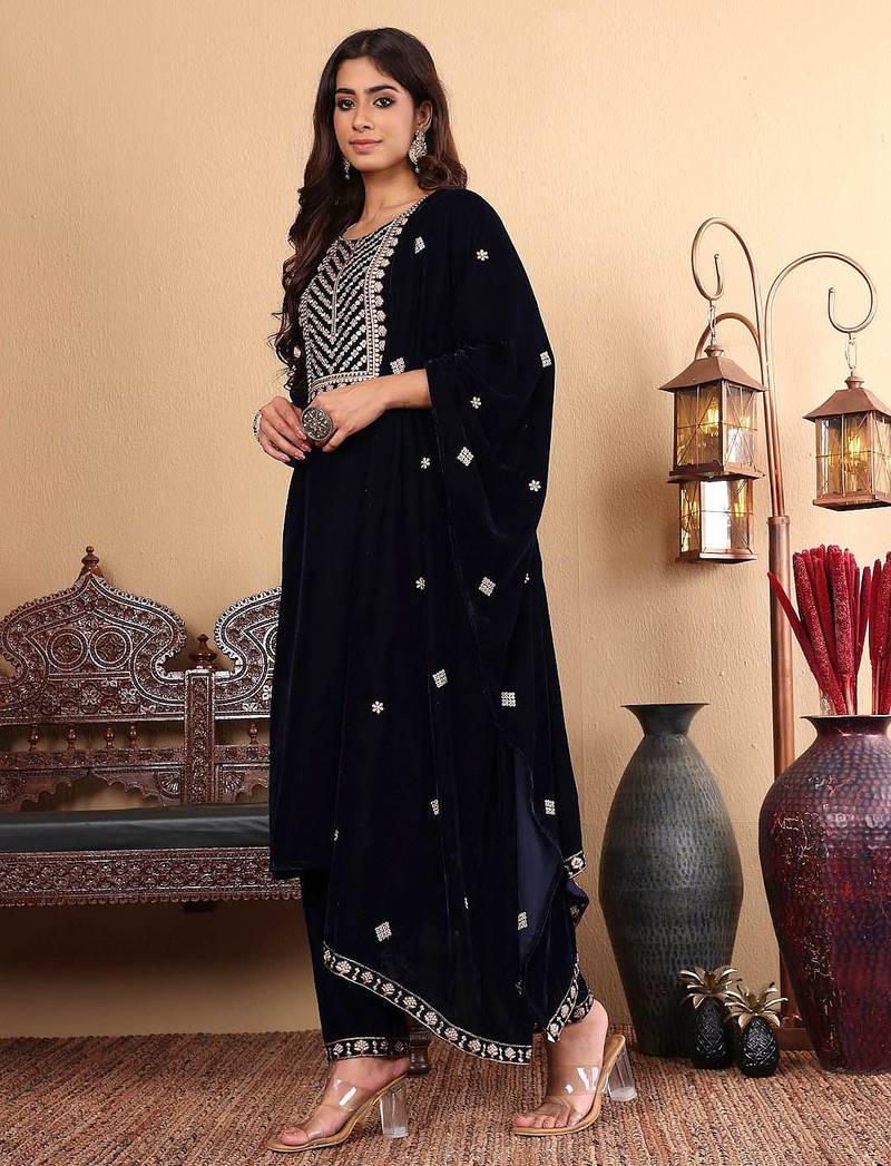 Navy Blue Floral Yoke Design Sequinned Velvet Kurta with Trousers & Dupatta