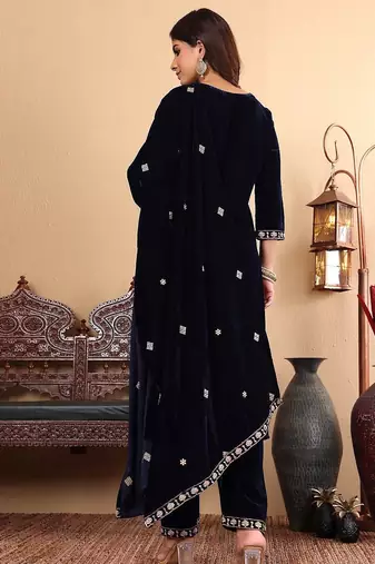 Navy Blue Floral Yoke Design Sequinned Velvet Kurta with Trousers & Dupatta