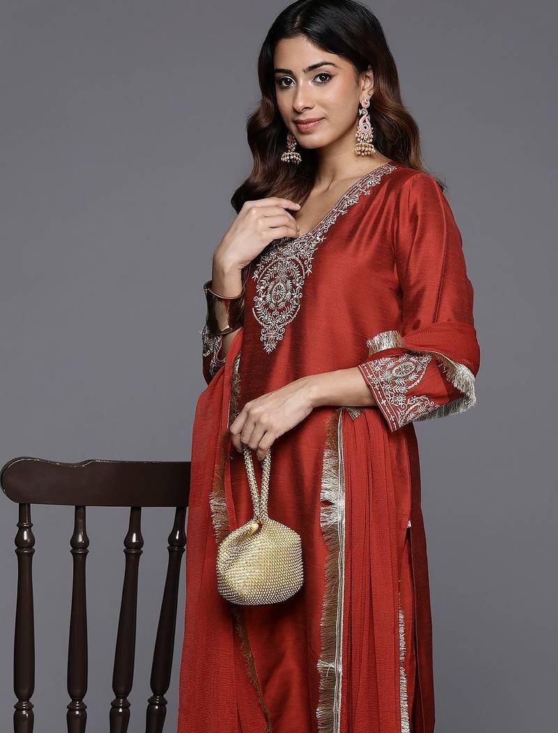 Ethnic Motifs Embroidered Thread Work Kurta with Trousers & Dupatta