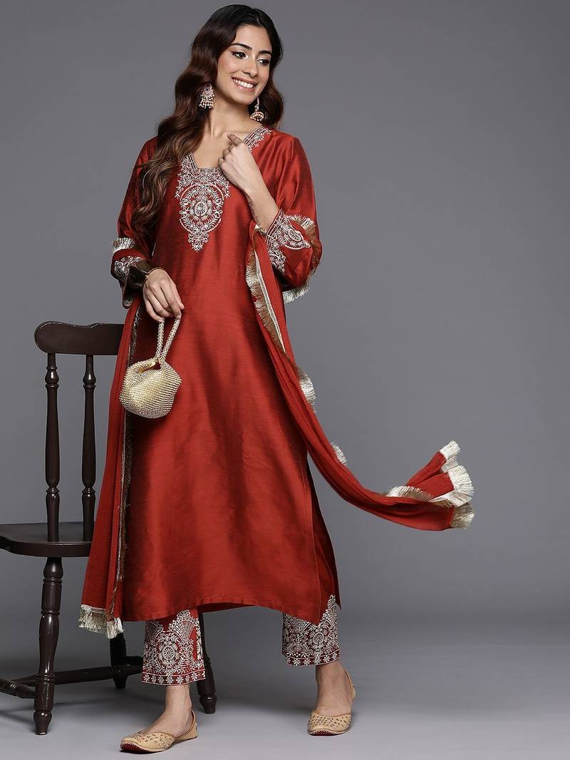 Ethnic Motifs Embroidered Thread Work Kurta with Trousers & Dupatta