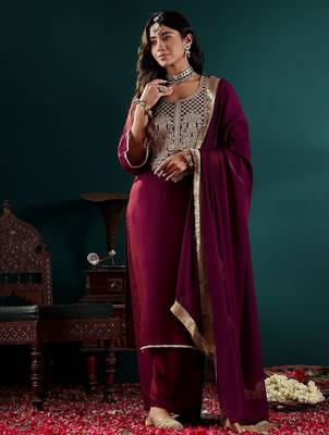 Women Ethnic Motifs Embroidered Regular Kurta with Palazzos & With Dupatta 1