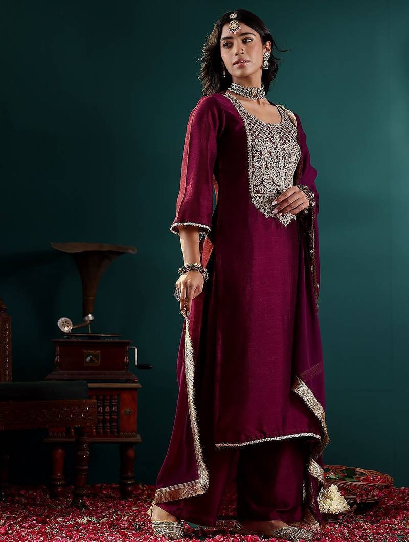 Women Ethnic Motifs Embroidered Regular Kurta with Palazzos & With Dupatta