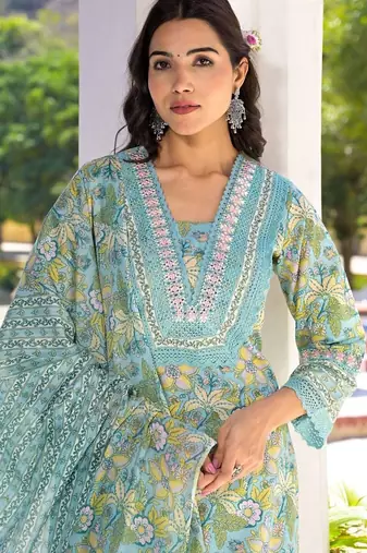 Floral Printed Regular Mirror Work Pure Cotton Kurta With Trouser & Dupatta