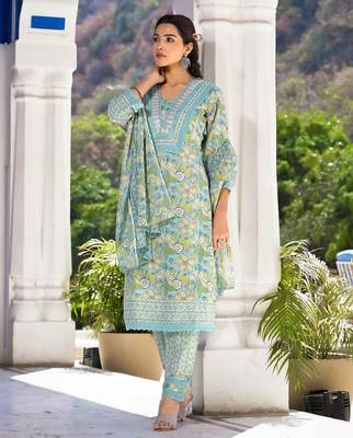 Floral Printed Regular Mirror Work Pure Cotton Kurta With Trouser & Dupatta 1