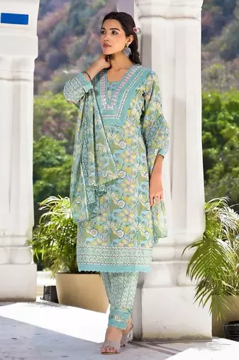 Floral Printed Regular Mirror Work Pure Cotton Kurta With Trouser & Dupatta