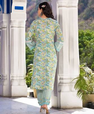 Floral Printed Regular Mirror Work Pure Cotton Kurta With Trouser & Dupatta 3