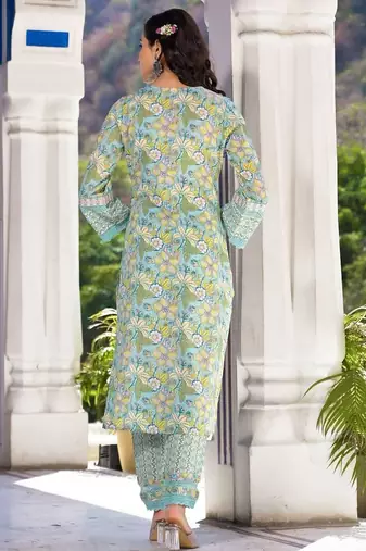 Floral Printed Regular Mirror Work Pure Cotton Kurta With Trouser & Dupatta