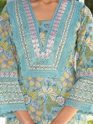 Floral Printed Regular Mirror Work Pure Cotton Kurta With Trouser & Dupatta 4