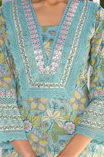 Floral Printed Regular Mirror Work Pure Cotton Kurta With Trouser & Dupatta