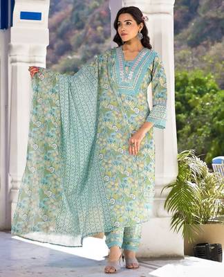 Floral Printed Regular Mirror Work Pure Cotton Kurta With Trouser & Dupatta 5