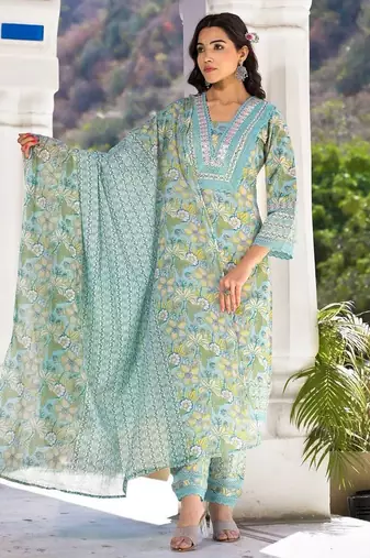 Floral Printed Regular Mirror Work Pure Cotton Kurta With Trouser & Dupatta