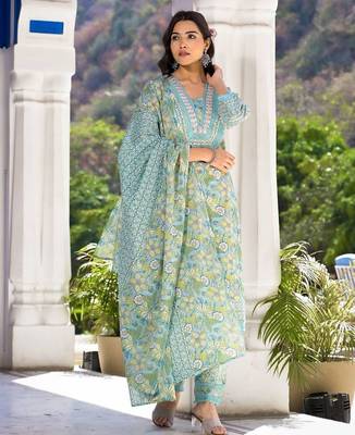 Floral Printed Regular Mirror Work Pure Cotton Kurta With Trouser & Dupatta 6