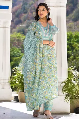 Floral Printed Regular Mirror Work Pure Cotton Kurta With Trouser & Dupatta