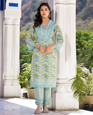 Floral Printed Regular Mirror Work Pure Cotton Kurta With Trouser & Dupatta 7