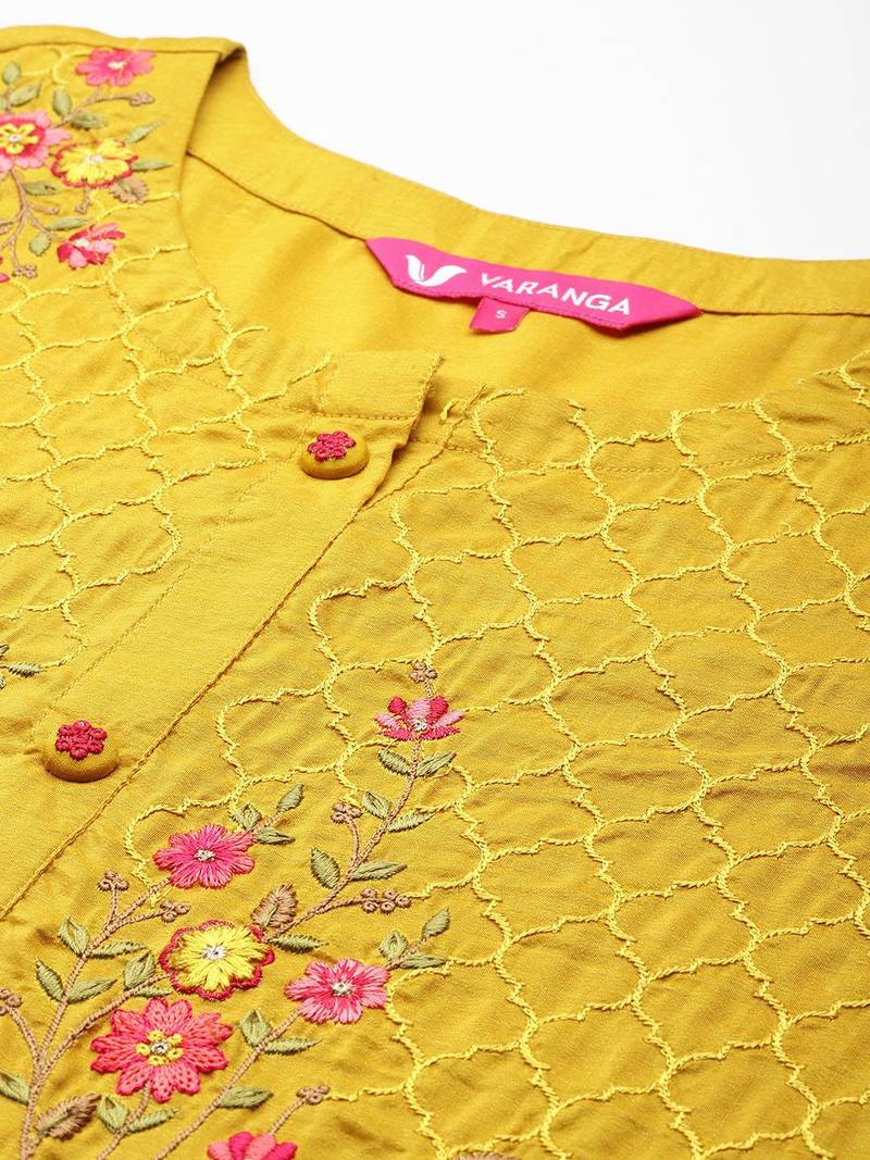 Floral Embroidered Thread Work Kurta With Trousers & Dupatta