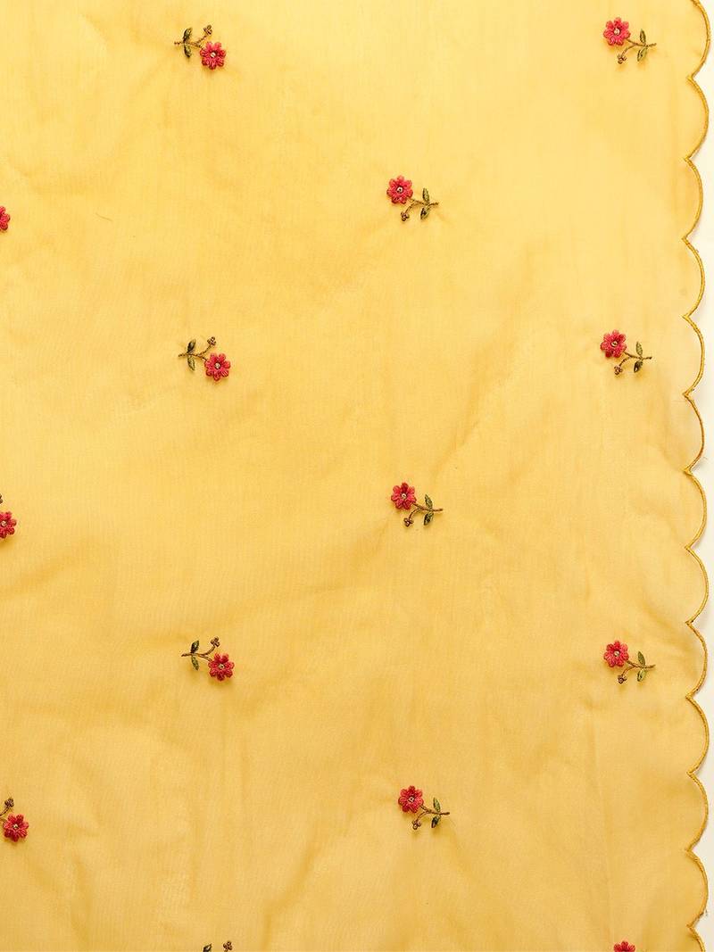 Floral Embroidered Thread Work Kurta With Trousers & Dupatta