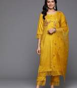 Floral Embroidered Thread Work Kurta With Trousers & Dupatta
