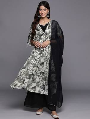 Women Floral Print High Slit Beaded Pure Silk Kurta With Palazzos & Dupatta 1