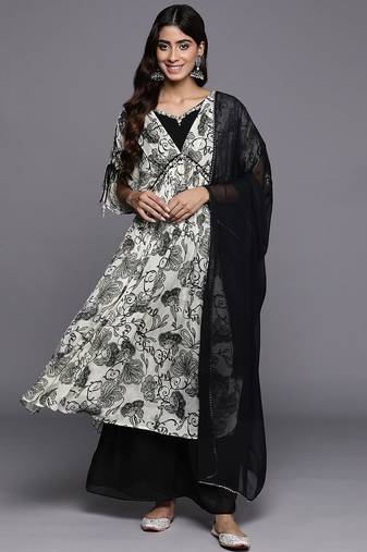 Women Floral Print High Slit Beaded Pure Silk Kurta With Palazzos & Dupatta