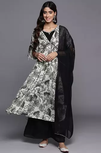 Women Floral Print High Slit Beaded Pure Silk Kurta With Palazzos & Dupatta