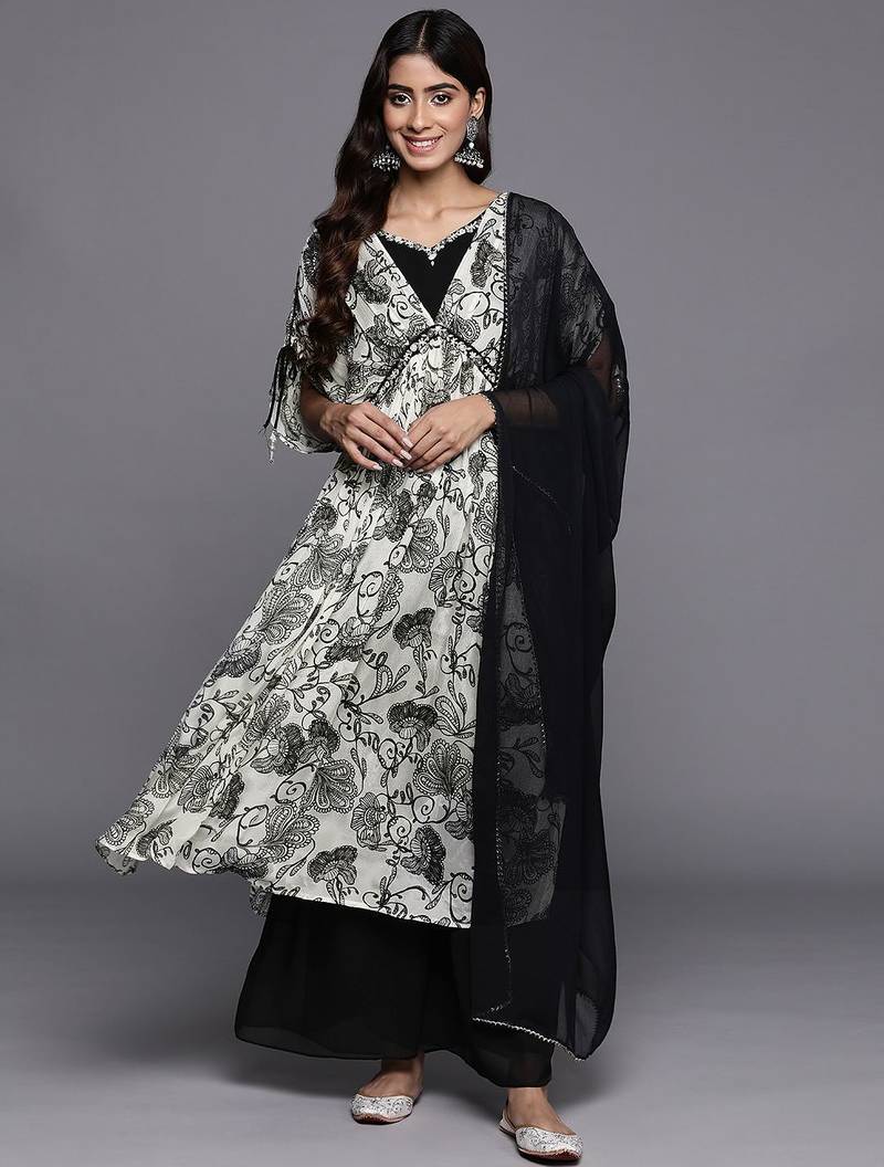 Women Floral Print High Slit Beaded Pure Silk Kurta With Palazzos & Dupatta